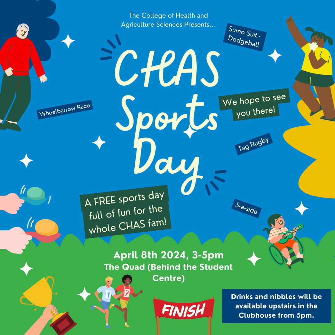 📢 All UCD College of Health & Agricultural Sciences students and staff are invited to take part in a FREE fun sports event on Monday 8th April at The Quad (behind the Student Centre) from 3pm with FREE food and drinks afterwards 📢 Hope to see you there! 🤾‍♀️🏅⚽️ 🤼‍♀️🤾‍♀️🏆🤾🏉🎉