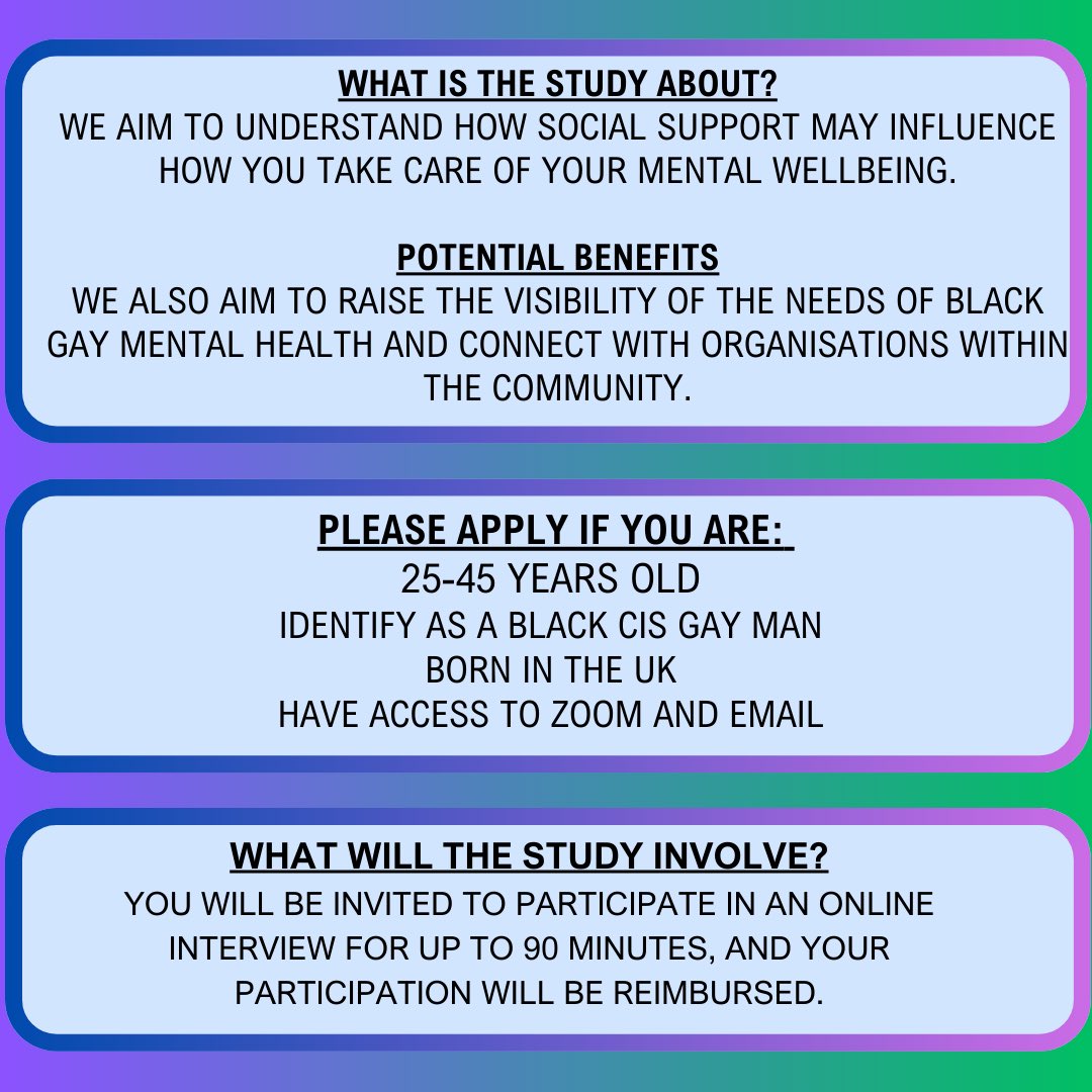 Hiya! I’m a Trainee Clinical Psychologist at the University of Manchester currently recruiting for my thesis, which focuses on how social support may influence well-being among Black gay men. Please email: BGMH@manchester.ac.uk if interested!