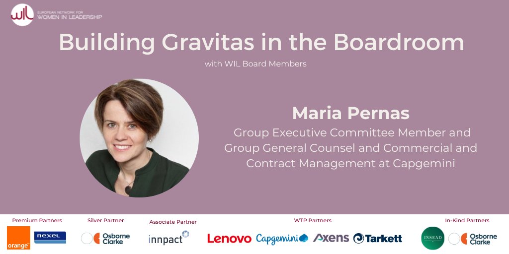 Tune in today for a special session with #WILBoardMember Maria Pernas, Group Executive Committee Member and Group General Counsel at @Capgemini . Maria will share her personal journey and insights, offering inspiration and guidance on how to become a strong board candidate.🤝