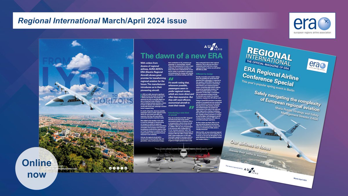 French aircraft manufacturer @aero_aura is developing its ERA (Electric Regional Aircraft) as an answer to demands for more sustainable air travel. As sponsor of the latest Regional International magazine, they introduce us to this pioneering technology: ow.ly/wPEO50R6Jiq