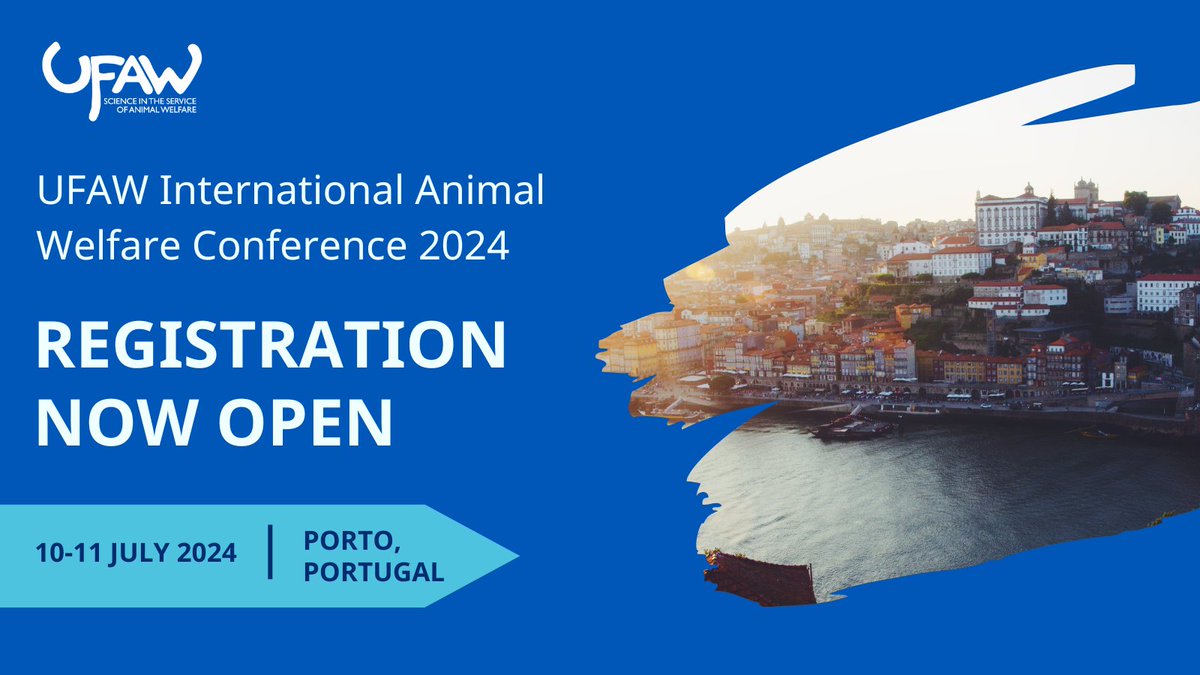 📢Conference registration now open! Join us in Porto for a diverse array of presentations across all areas of #animalwelfarescience featuring 43 talks and over 80 posters. Click here to register➡️ow.ly/xpTV50R7cbq (Early bird rate available until 13 April) #UFAW2024