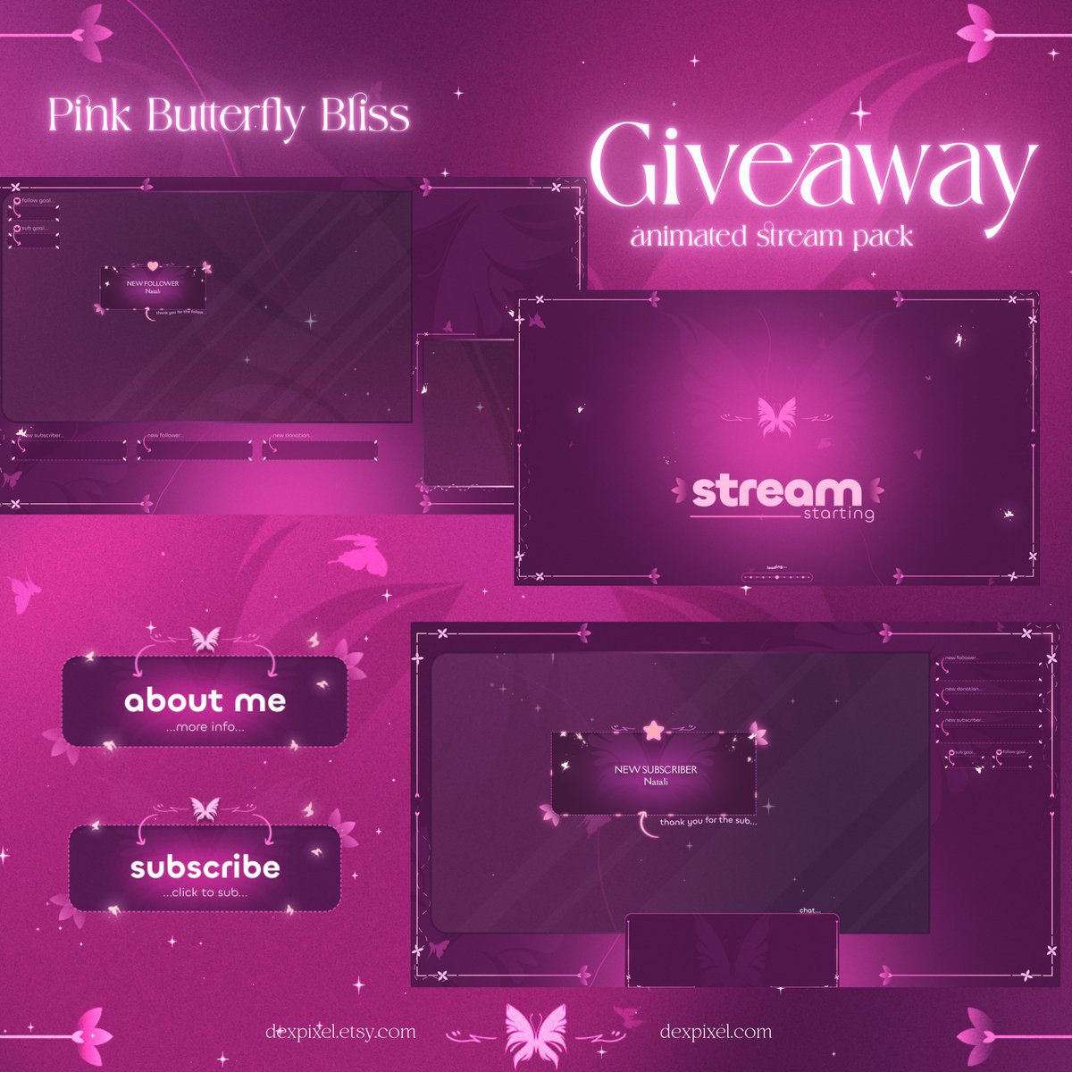 DexPixel's tweet photo. April's Giveaway

➠ Butterfly Bliss Pink Animated Stream Pack
➠ I will announce Friday, April 5th

To enter:
➠💜Like 🔃 Repost
➠ Follow for next week's giveaway

#VtuberEN | #VtubersUprising | #Vtuber #twitchstreamer | #VtuberDebut | #Vtuberasset | #twitchstreamer  | #twitch