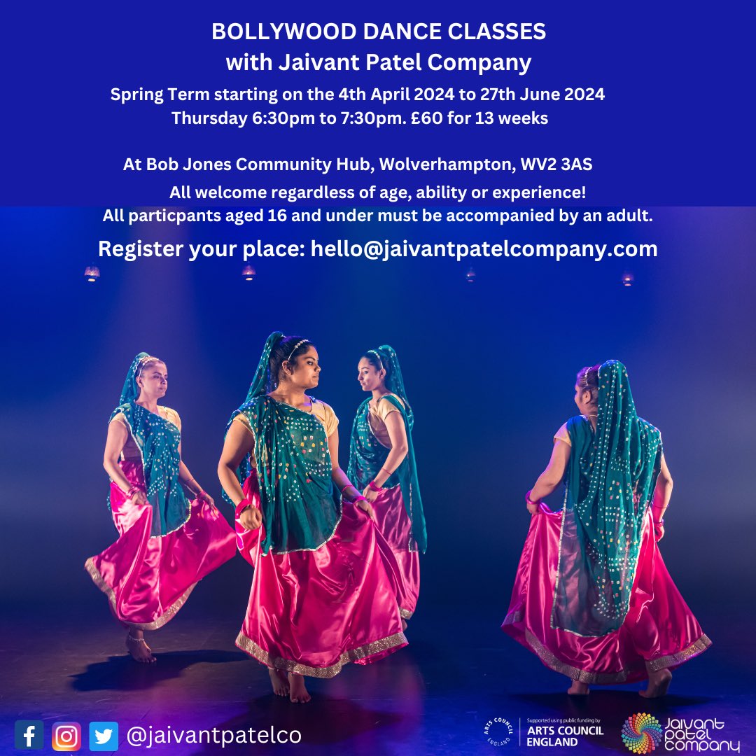 STARTING THIS WEEK, BOLLYWOOD DANCE CLASSES! New term starting 4/4/24 to 27/6/24 Every Thursday 6:30pm-7:30pm at Bob Jones Community Hub, Bromley Street, Wolverhampton, WV2 3AS £60 per term (13 weeks) Register by emailing hello@jaivantpatelcompany.com #JaivantPatelCompany