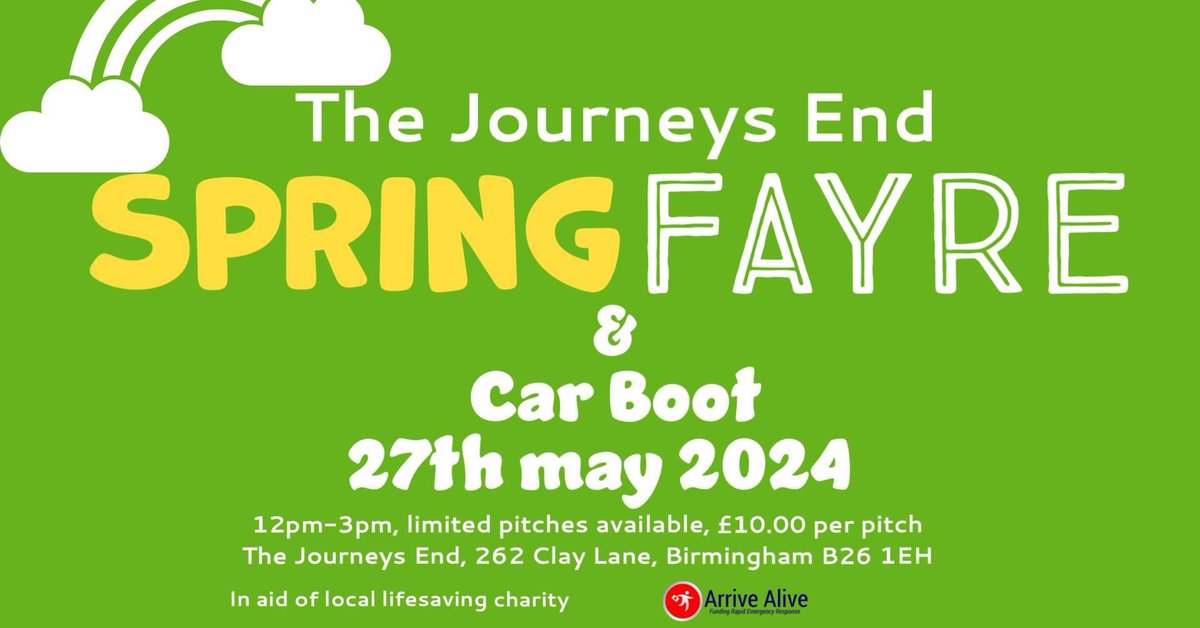 One month to go until the Spring Fayre & Car Boot at The Journeys End. Book your pitch today, all pitch proceeds will be donated to Arrive Alive’s lifesaving work. Booking link: eventbrite.co.uk/e/stall-bookin…