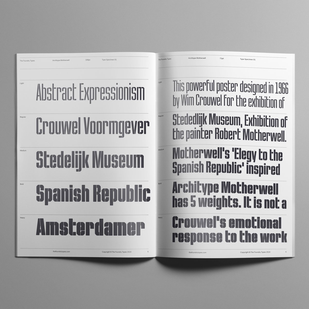 A few spreads from our latest type specimen, Architype Motherwell, free to download.

Architype Motherwell, is inspired by Wim Crouwel’s poster and catalogue for Robert Motherwell exhibition at the Stedelijk Museum, 1966.