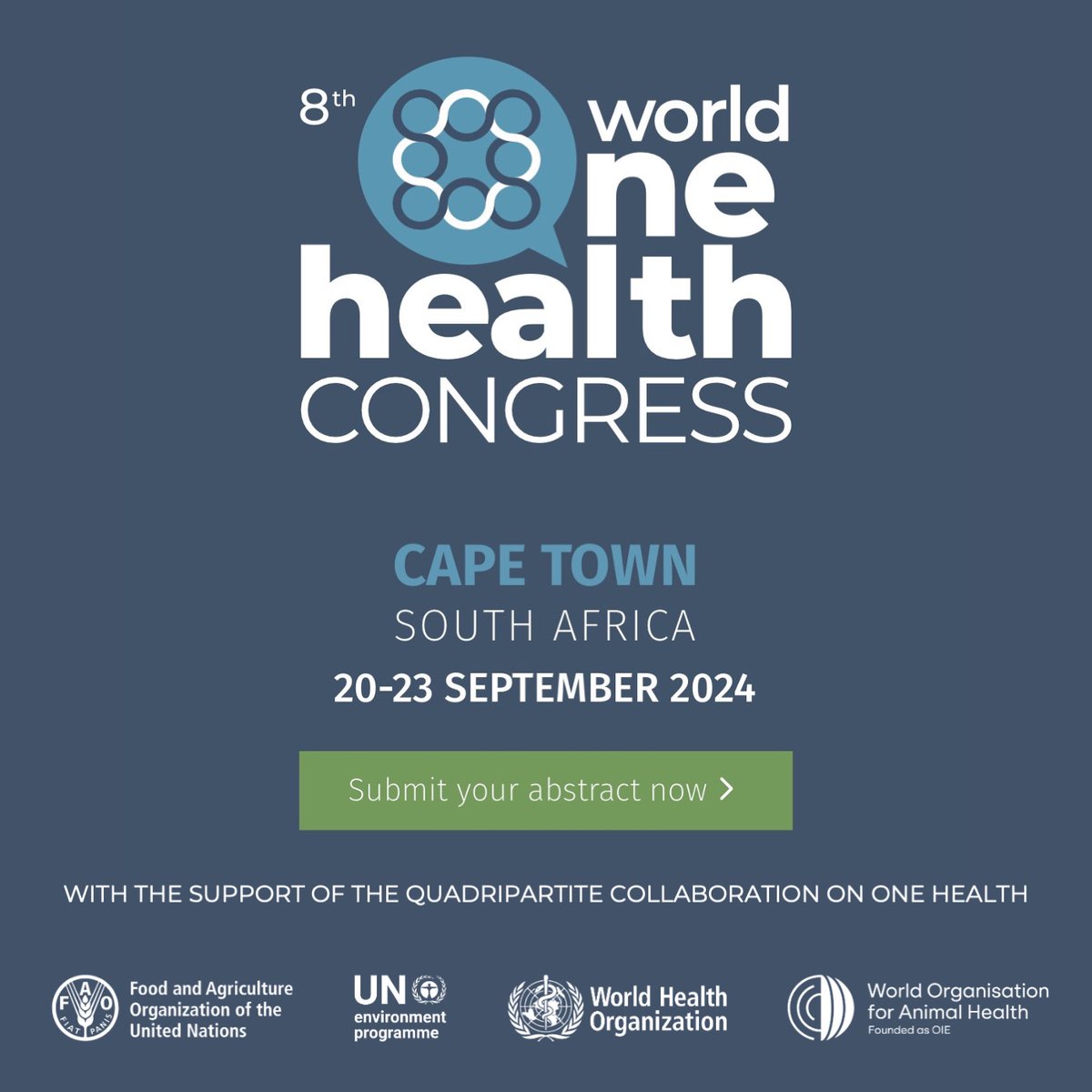 Abstracts are being accepted for the World One Health Congress

🗓️20 - 23 September 2024 in Cape Town, South Africa!

Grants are available to encourage participation of delegates from low & middle income countries.

More info: globalohc.org/8WOHC

#OneHealth #WOHC2024