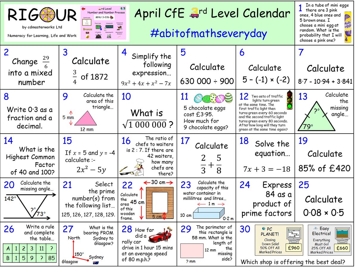 **CALLING ALL BGE Pupils** Do you want to consolidate your CfE 3rd Level Numeracy/Maths skills this month? If so, try our April Calendar! Download this calendar and view the answers here; rigourmaths.com/e-s-o-s/ #abitofmathseveryday #littleandoften 🥉🥈🥇🎯📅