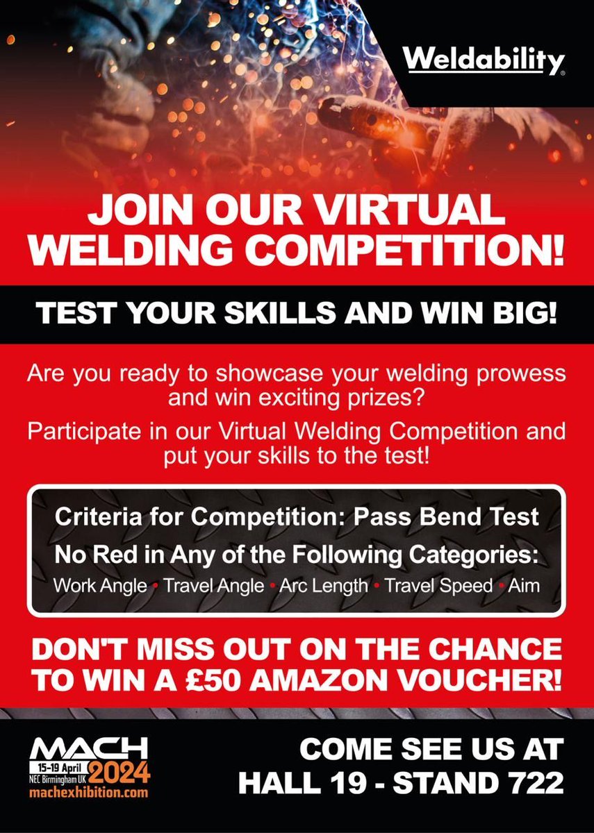 learn_to_weld's tweet image. Join us at MACH conference and visit the Weldability team at Hall 19 - Stand 722 to discover how we&apos;re shaping the future of welding technology. Register for FREE: buff.ly/3TIQ0fr #manufacturing #engineering #mfg