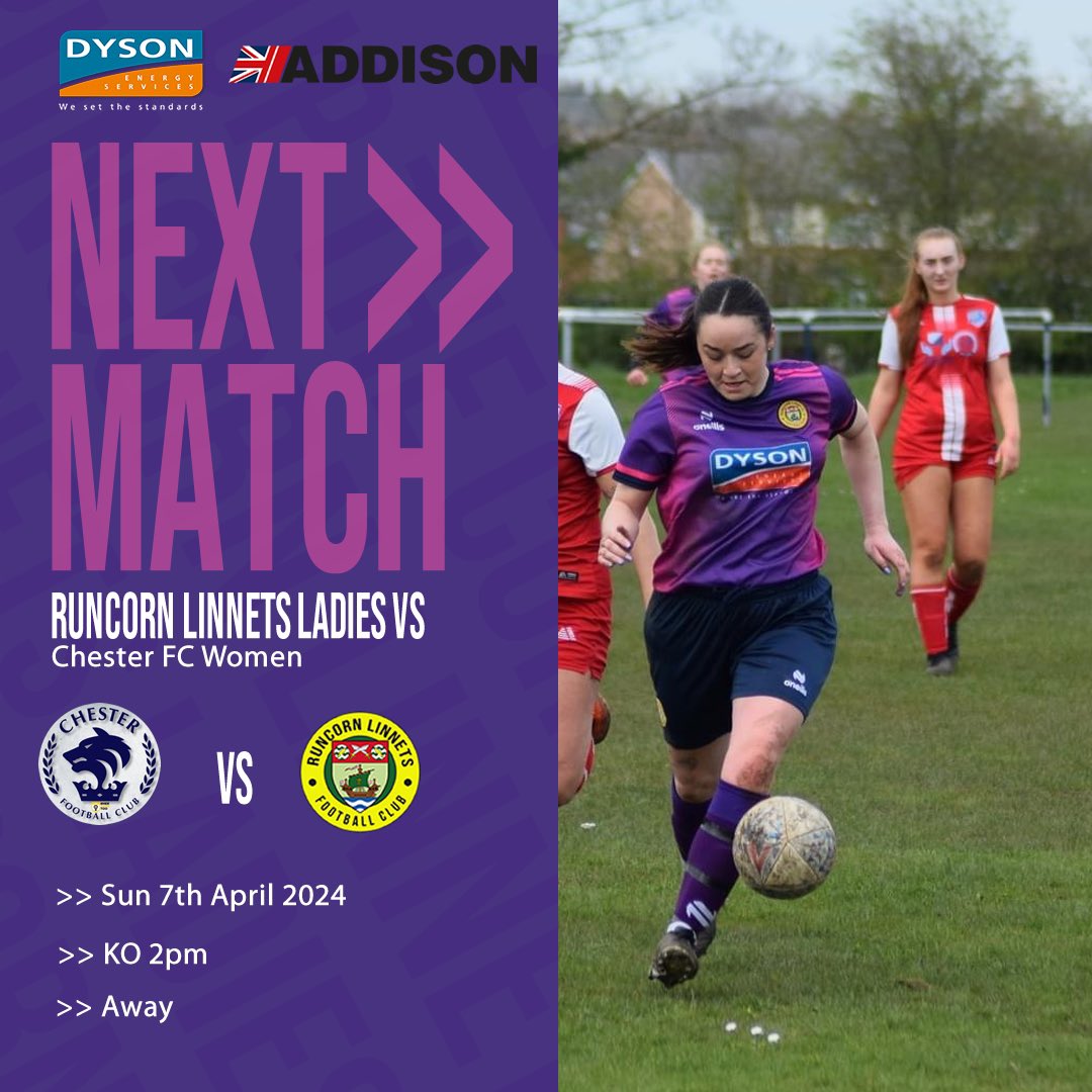 ⚽️🤩 Sunday we go up against Chester FC Women! 📅 Sunday 7th April @ 2pm 🆚 @CFCWomens 🏆 Leauge Game 🏟️ Leap 76 Stadium, Chester CH1 4LT 🎟️ £3 for adults £2 concession £1 under 16 Come down and show your support 💛💚 🙏🏼 We will be in our home kit @IKMConsulting