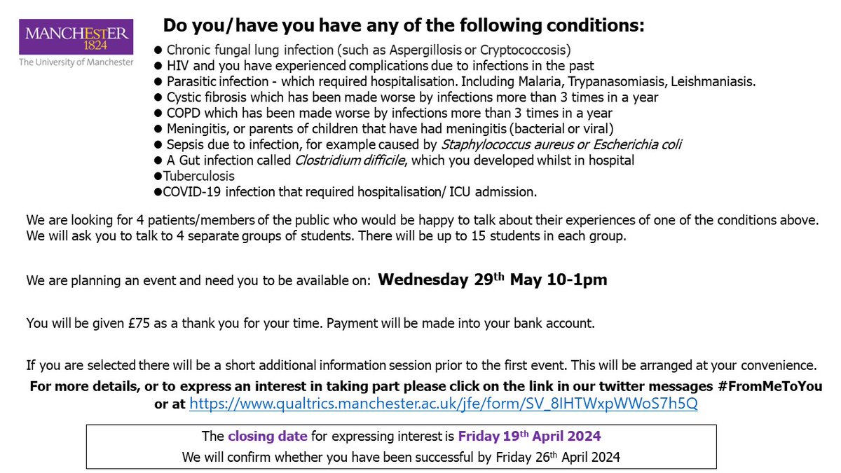 Please RT. Have you had a Gut infection called Clostridium difficile, which you developed whilst in hospital? If you would be willing to talk to masters level students on zoom about your experiences of this please see below or qualtrics.manchester.ac.uk/jfe/form/SV_8I… for more details & to apply.