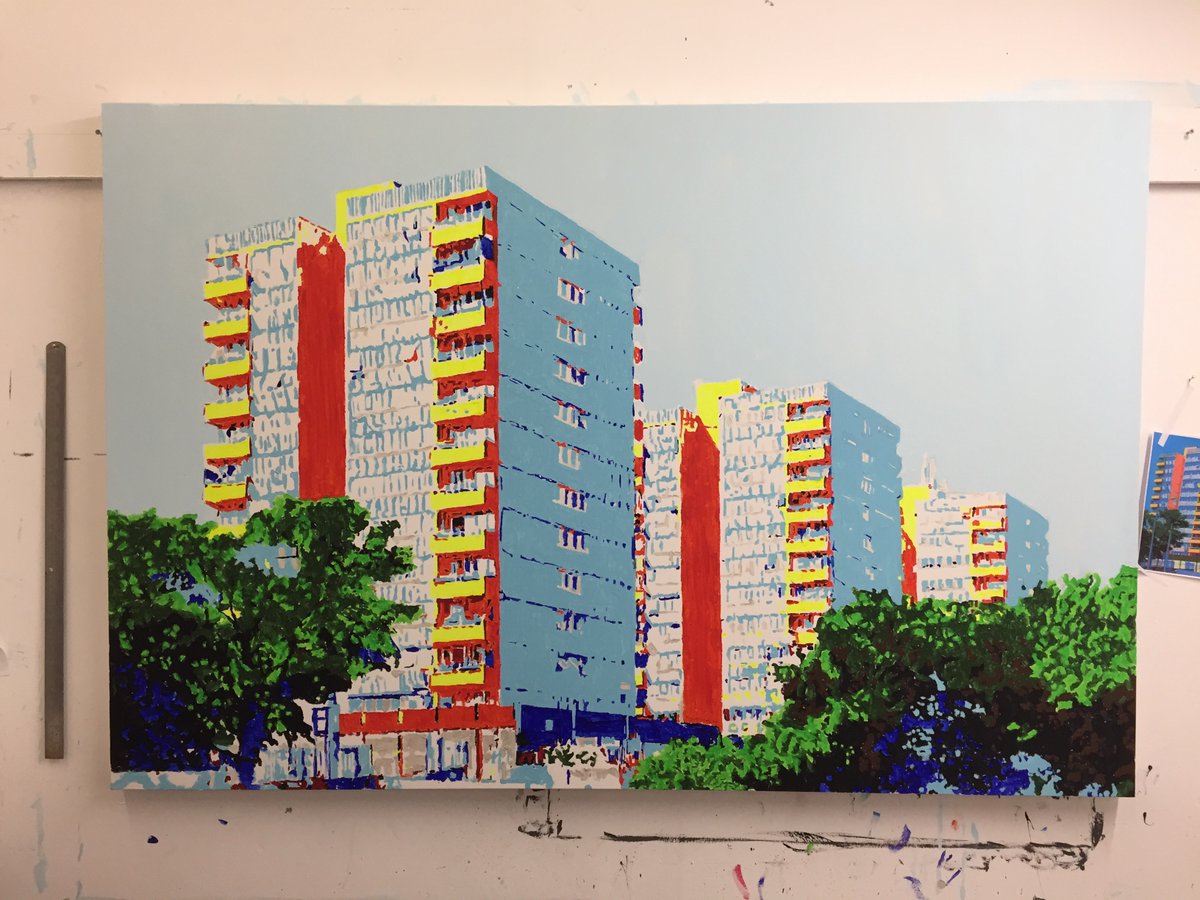 #WIP back to 2019; the flats off New Road in #Chatham #Medway #Kent; like my @pentagoncentre old bus station #painting, I chose a #bright #colour scheme on this #canvas. Go to ebay.co.uk/itm/2260750467… to see the finished art (and grab a #signed #print )#architecture #brutalist