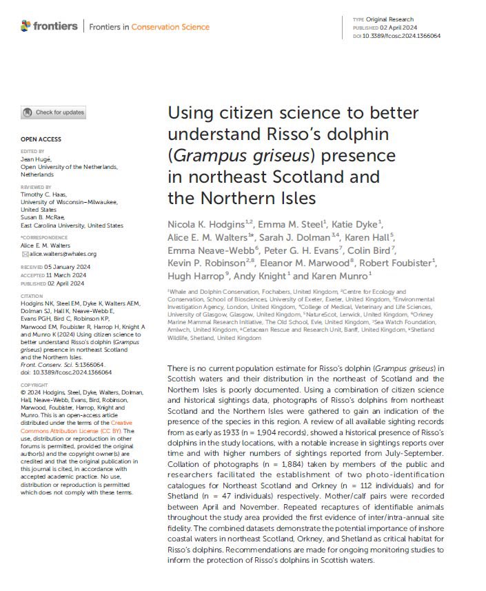 Delighted to share our recently published paper ‘Using citizen science to better understand Risso’s #Dolphin presence in northeast #Scotland & the Northern Isles'🐬🏴󠁧󠁢󠁳󠁣󠁴󠁿 A truly collaborative project highlighting the importance & efficacy of #citizenscience 🔗tinyurl.com/2bv96a7j