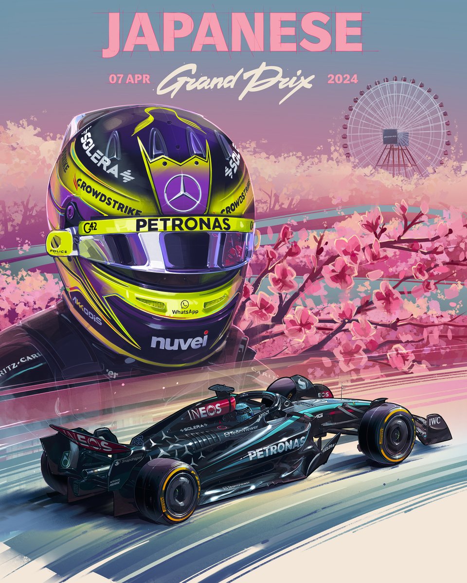 #F1 – Unveiling the #JapaneseGP edition of our 2️⃣0️⃣2️⃣4️⃣ poster series: A stunning blend of #F1 action and cherry blossom charm. 🌸 Mobile Wallpapers are available in the first comment below.👇📲 @MercedesAMGF1 #WeLivePerformance #WorldsFastestFamily