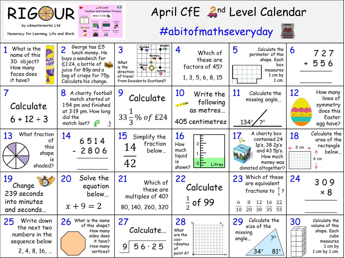 **CALLING ALL BGE Pupils** Do you want to consolidate your CfE 2nd Level Numeracy/Maths skills this month? If so, try our April Calendar! Download this calendar and view the answers here; rigourmaths.com/e-s-o-s/ #abitofmathseveryday #littleandoften 🥉🥈🥇🎯📅