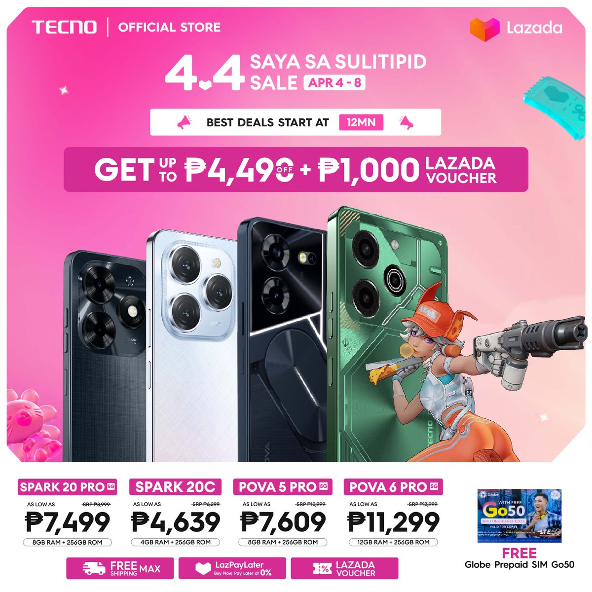 Hurry and grab the TECNO 4.4 Saya sa Sulitipid deal on Lazada! Enjoy up to Php 4,490 off plus a Php 1,000 Lazada Voucher. Offer valid from April 4-8 only. Add to cart and checkout at midnight! Limited time offer! Lazada: bit.ly/LazadaTecnoPro… #TECNOPhilippines
