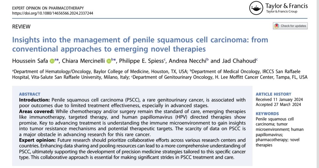 Our review on novel therapeutic approaches on #PSCC is finally out! It was a pleasure to co-lead this work with @hsafaMD, with the invaluable guidance of @JadChahoud @SpiessPhilippe & @AndreaNecchi #GUoncology #rarecancer #penilecancer doi.org/10.1080/146565…