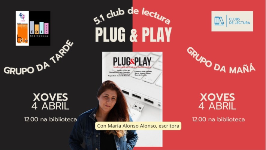 Xa estamos de volta! E o teceiro trimestre chega cargado de actividades. 📚 A primeira delas, o encontro do Club de lectura 5.1 coa autora de Plug & Play, María Alonso Alonso. Será mañá xoves ás 12h na biblioteca. 📌 Biblioteca 📆 Xoves 4 de abril ⏲️ 12h