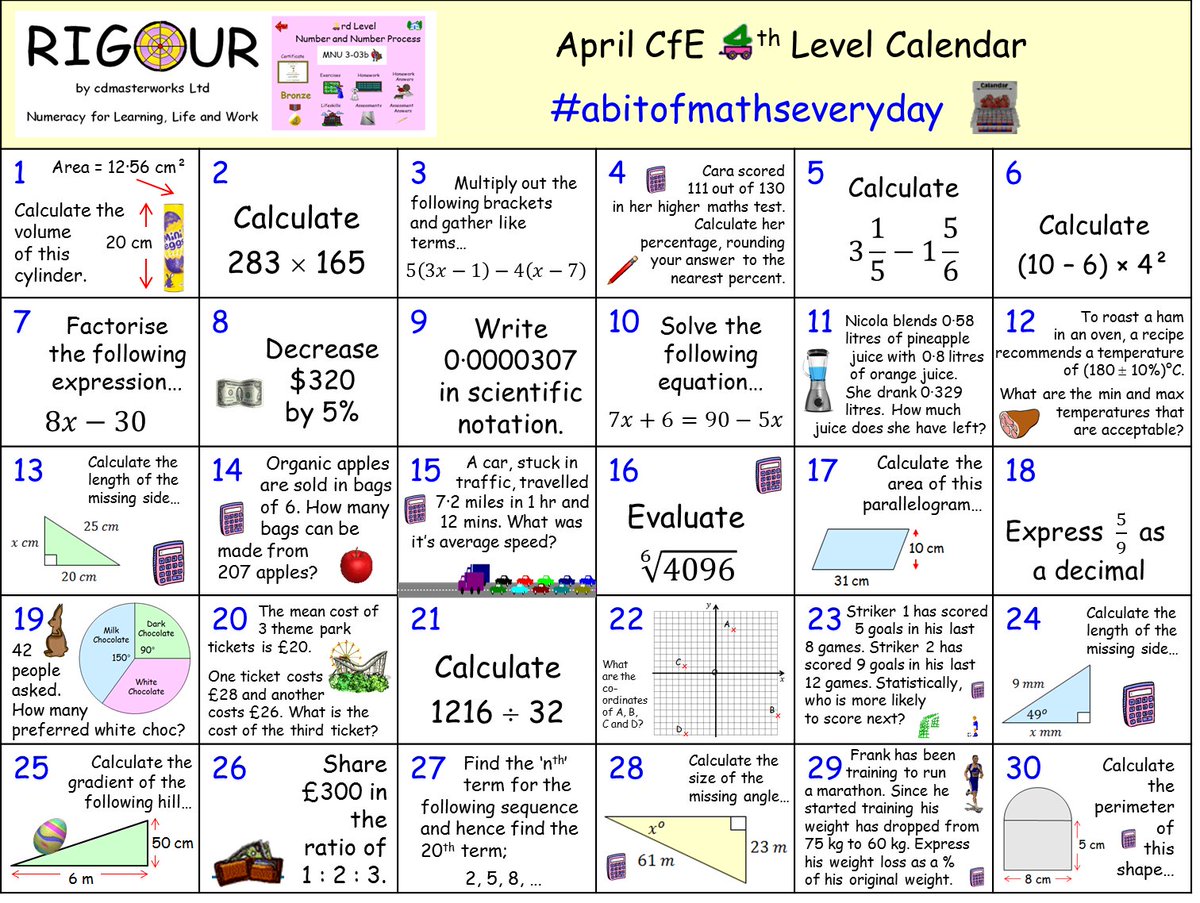 **CALLING ALL BGE Pupils** Do you want to consolidate your CfE 4th Level Numeracy/Maths skills this month? If so, try our April Calendar! Download this calendar and view the answers here; rigourmaths.com/e-s-o-s/ #abitofmathseveryday #littleandoften 🥉🥈🥇🎯📅