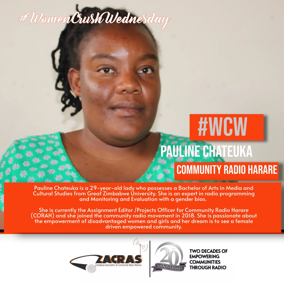 Its #WomenCrushWednesday and we are crushing on Pauline Chateuka, @CorahOnline Assignment Editor/Projects Officer. #WCW #WCWednesday #WOMENCANLEAD #ZACRASat20 @WCOZIMBABWE