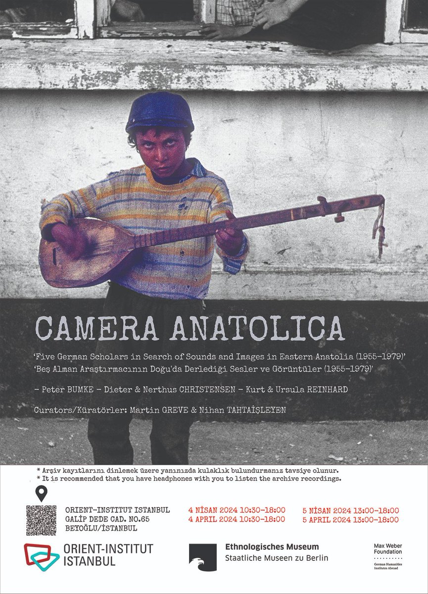 oiistanbul's tweet photo. Visit our Exhibition CAMERA ANATOLICA guided by the curators @NTahtaisleyen and Martin Greve
Exhibition Visiting Hours:
April 4, 10:30–18 and April 5, 13–18
Orient-Institut Istanbul
Galip Dede Cad. No 65, Beyoğlu-Istanbul
More Info: https://t.co/M9sPTU9BnM
#oiist #oiistanbul https://t.co/argwl1LHd2