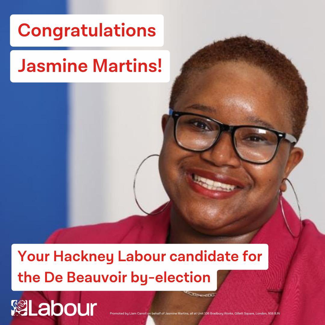 Congratulations to @JasziieeM Labour’s candidate in #DeBeauvoir. Looking forward to her joining a strong & experienced Labour team with @SadiqKhan as our London Mayor, @Semakaleng as AM in City Hall & the brilliant @HackneyLabour Mayor & councillors #VoteLabour #VoteJasmine 🌹🗳️