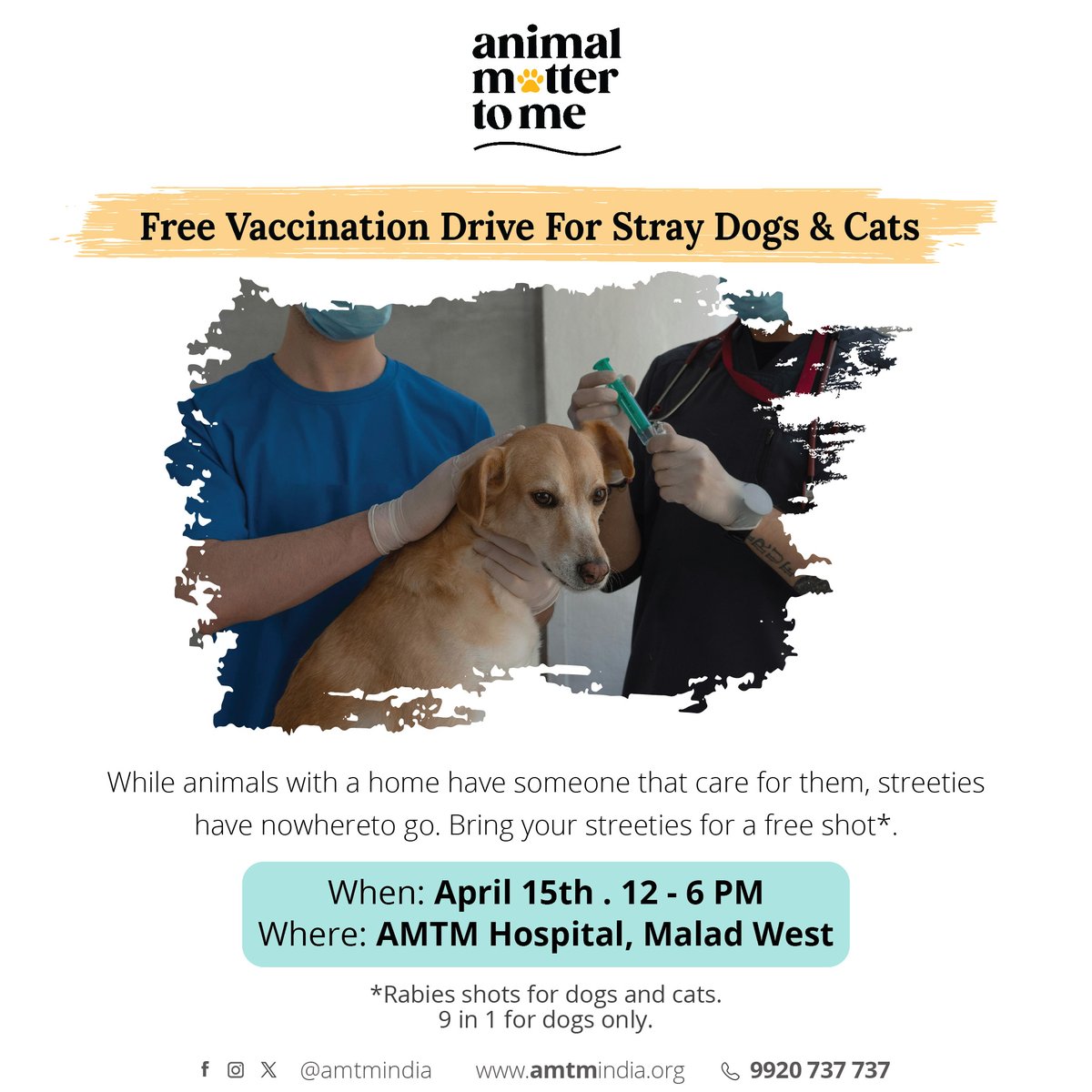 Join us on April 15th for a paw-some initiative as we host a #FREE #vaccination drive for stray dogs and cats at our hospital in Malad West. 💉 Bring the #strays around you for vaccination and protect your furry friends from fatal diseases. Free shots strictly for stray animals.