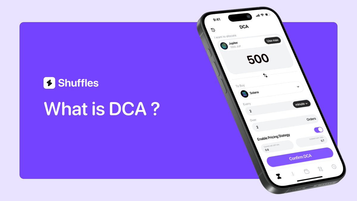 What is DCA ? Dollar-Cost Averaging (DCA) in crypto means investing a fixed amount regularly, smoothing out market volatility. With Shuffles, effortlessly set up DCA orders on your mobile, ensuring consistent investment and potential long-term gains.