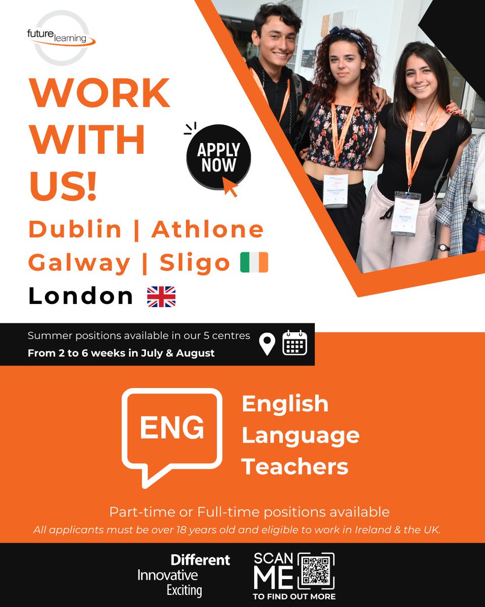 🌟 We're #hiring 🌟 Join our expanding team! 🚀

Are you passionate about teaching English? We're on the lookout for dynamic #EnglishLanguageTeachers to be part of our vibrant #summerprogrammes in Dublin, Athlone, Sligo, and Galway. 🌍✨

#jobfairy #summerjob #jobsinireland