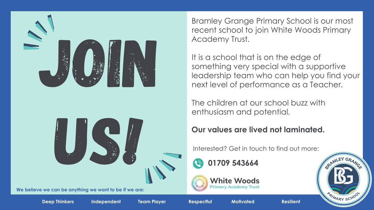 Another recruitment opportunity! Join the team at @BramleySchool as #KS1 #Teacher - Further details below! whitewoodsprimaryacademytrust.co.uk/vacancies/ks1-… #Recruitment @rotherhamjob