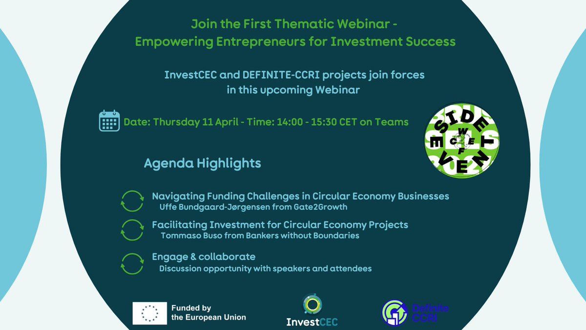 📊Are you interested in navigating funding challenges and attracting investment in the #CircularEconomy? Don't miss the @InvestCEC webinar on 'Empowering #Entrepreneurs for Investment Success' 📍Thursday 11 April | 2:00 - 3:30 PM | Online Register now✅investcec.eu/join-the-first…