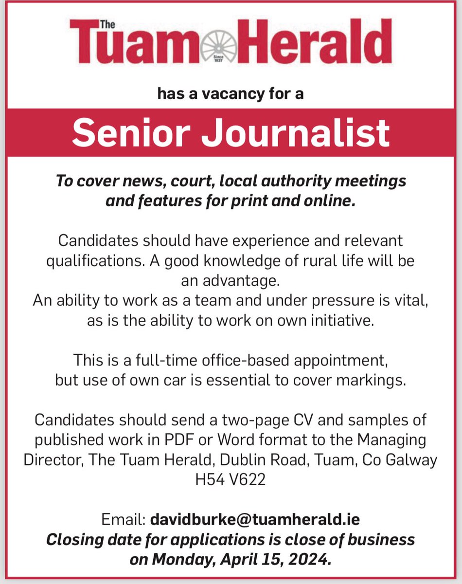 WE are hiring. If you are an experienced journalist interested in working for one of the country’s oldest independently owned local newspapers , we’d love to hear from you. Job details below ⬇️ #localnews #journojob #journalism #tuam #galway