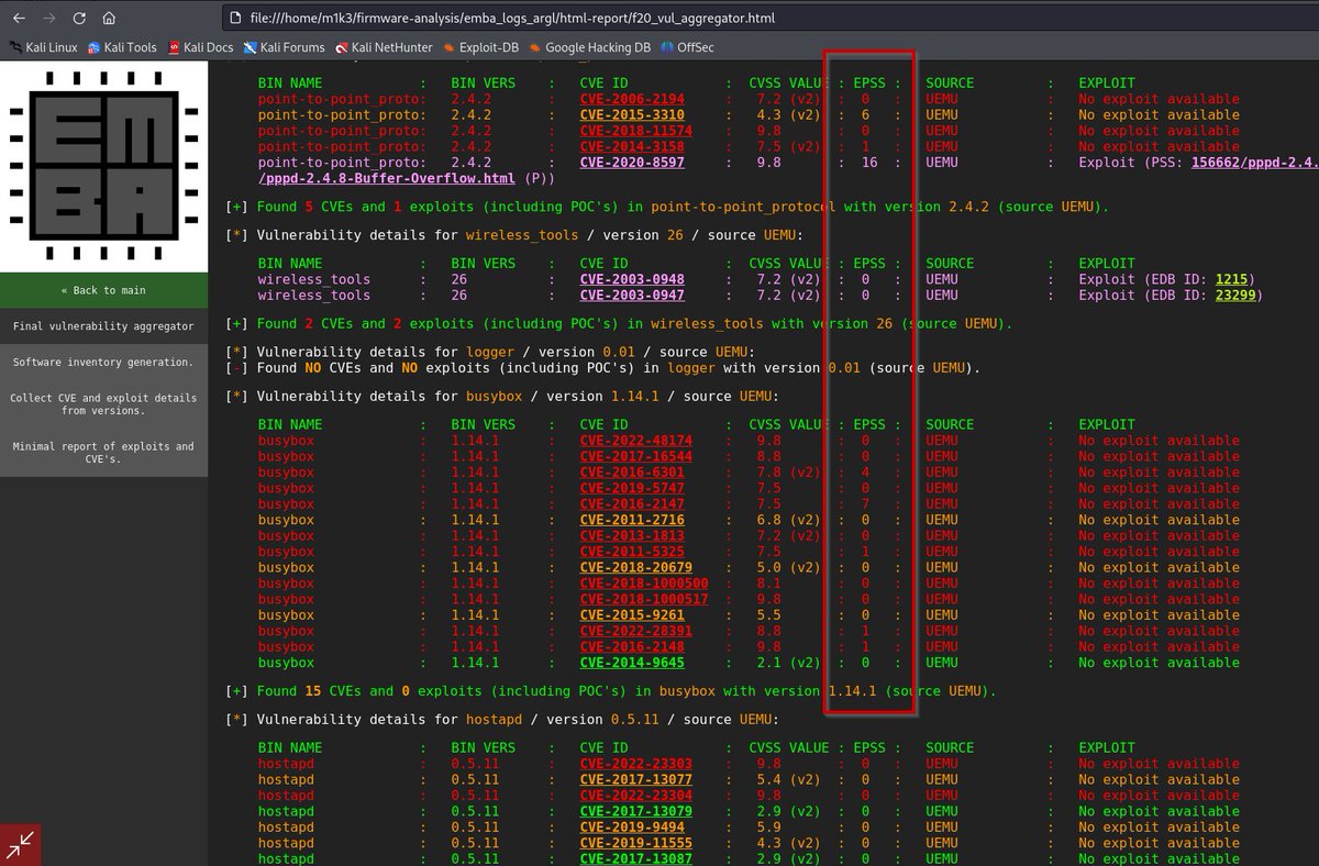 EMBA Firmware Analyzer (@securefirmware) on Twitter photo FIRST EPSS (Exploit prediction scoring system) is now integrated into the Open-Source firmware analyzer EMBA. Beside CVEs, Exploits, PoCs you have an additional possibility to optimize your vulnerability evaluation. Check it out github.com/e-m-b-a/emba FIRST EPSS (Exploit prediction scoring system) is now integrated into the Open-Source firmware analyzer EMBA. Beside CVEs, Exploits, PoCs you have an additional possibility to optimize your vulnerability evaluation. Check it out github.com/e-m-b-a/emba