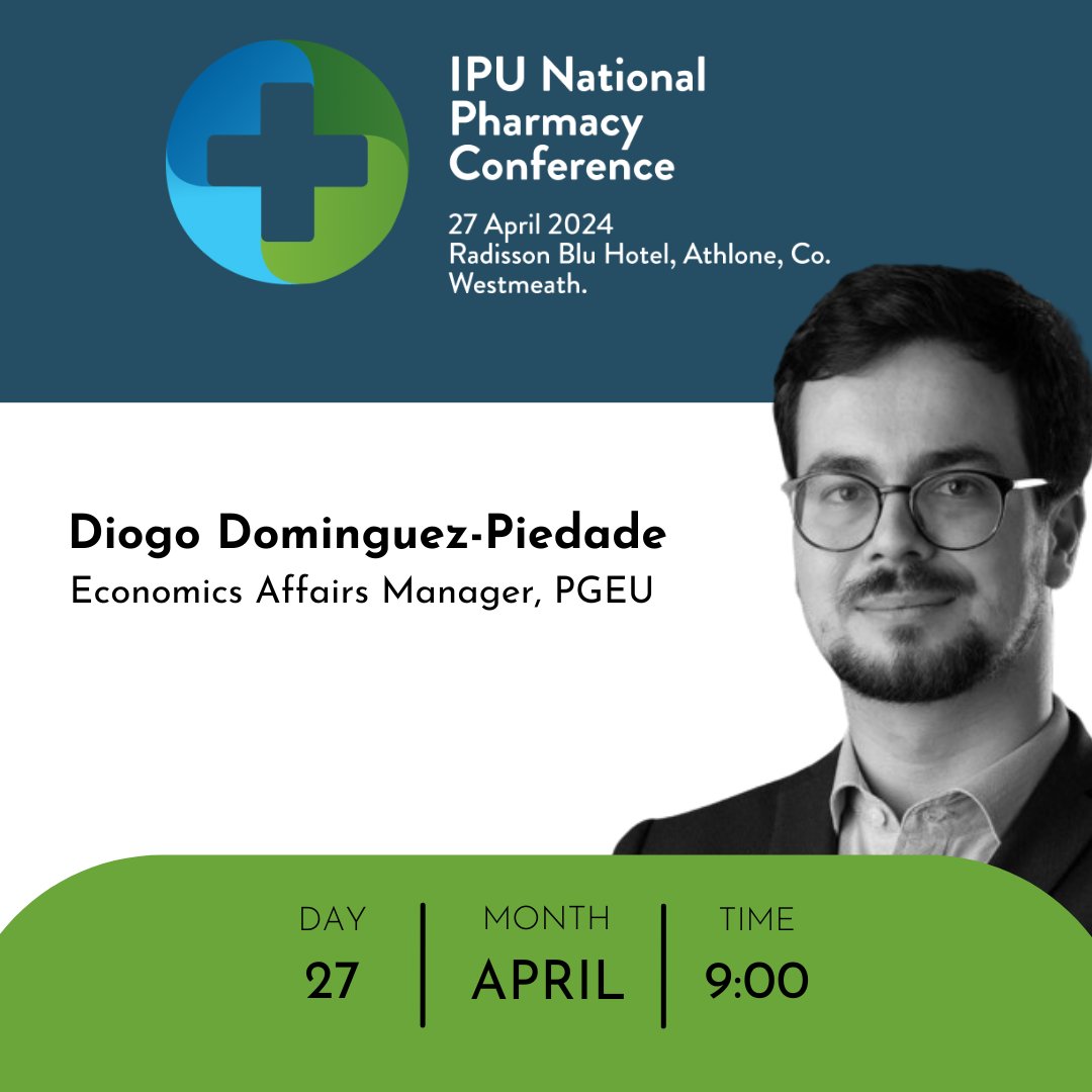 🚩 IPU Conference speaker Diogo Dominguez-Piedade is the Economic Affairs Manager of the PGEU. He will provide insights on upcoming EU legislation that will impact community pharmacies across the EU and in Ireland. 🎟️ Book your tickets ➡️ ipu.ie/conference