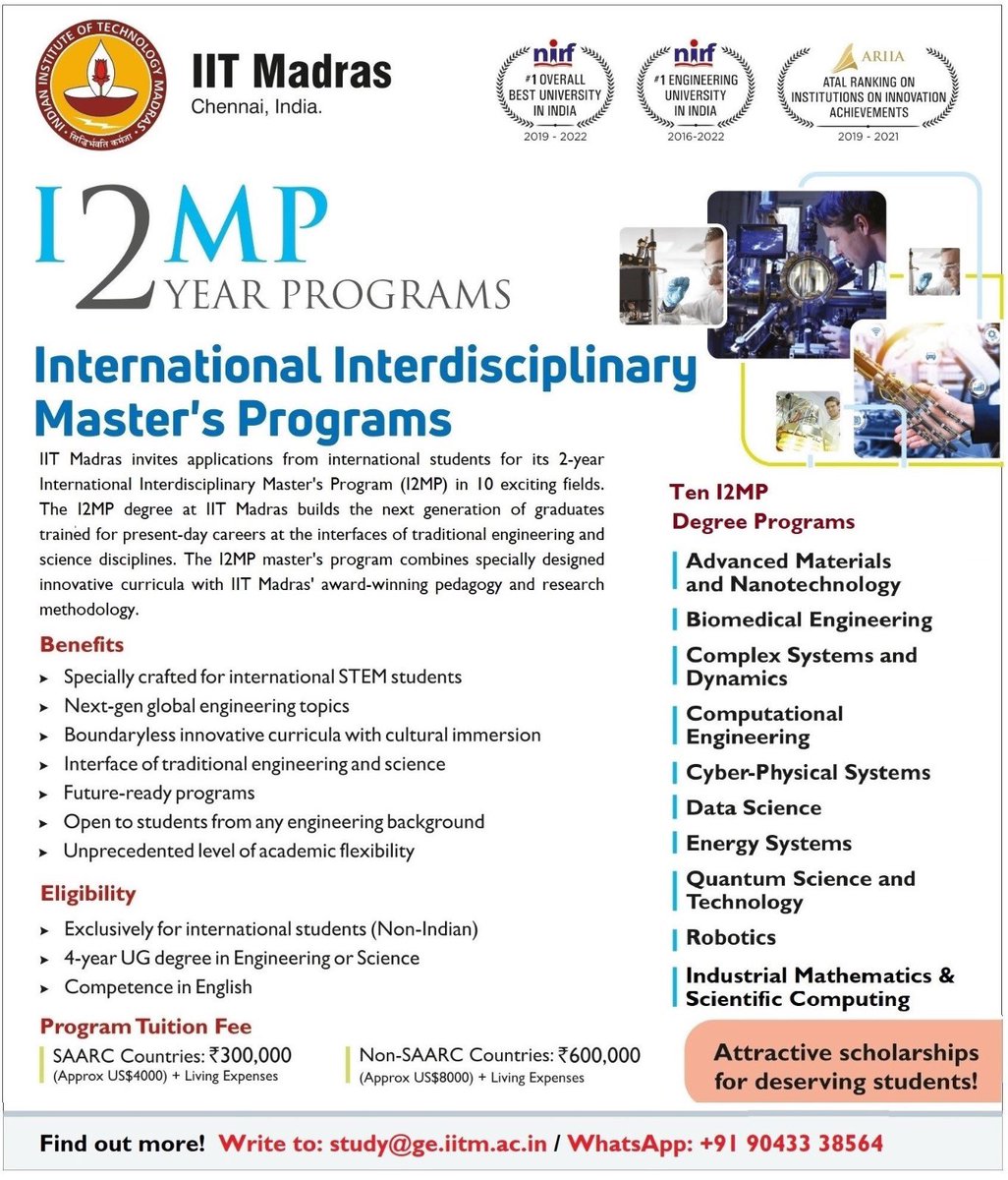 @iitmadras is proud to announce ten International Interdisciplinary #Master’s degree programs (#I2MP) starting in July 2024. The two-year program is specially crafted for highly motivated top-tier international Science and Engineering students interested in an interdisciplinary…