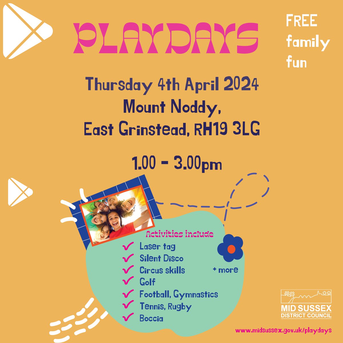 Our FREE Play Days are back for the Easter holidays, kicking off tomorrow at Mount Noddy in East Grinstead. No need to book, just turn up and enjoy free family fun! To find out more and see all upcoming dates, please visit: midsussex.gov.uk/.../mid-sussex…