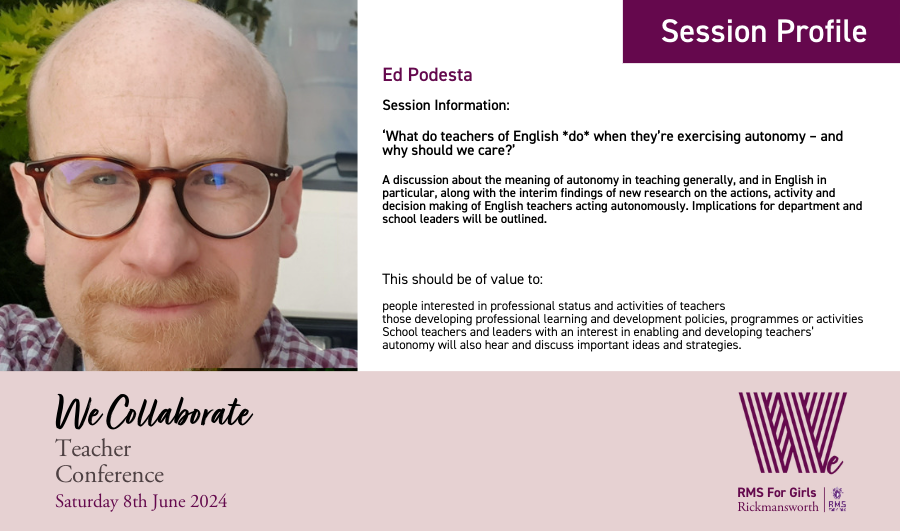 We are delighted to have @ed_podesta delivering a session at #WeCollaborate24 on June 8th. This will be one of particular interest to research minded members of @Team_English1 and @EngChatUK More details of the day ➡️ rmsforgirls.com/wecollaborate/