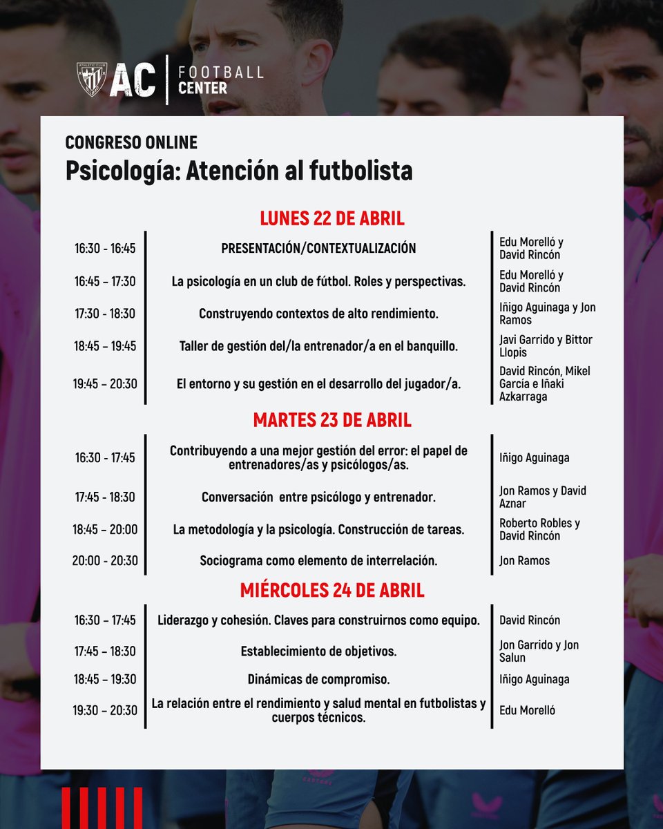 AC|FC - Athletic Club Football Center (@ac_fcenter) on Twitter photo Tres días llenos de ponencias con técnic@s y psicólog@s del <a href="/AthleticClub/">Athletic Club</a>
🔴⚪Una nueva oportunidad de aprender en acfootballcenter.eus Tres días llenos de ponencias con técnic@s y psicólog@s del <a href="/AthleticClub/">Athletic Club</a>
🔴⚪Una nueva oportunidad de aprender en acfootballcenter.eus