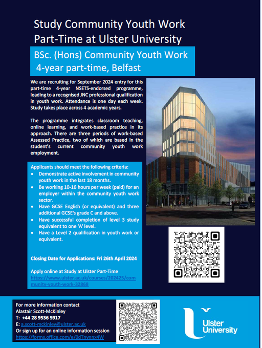 Would you like to study a Community Youth Work degree part-time at Ulster University? Study one day per week in our vibrant new Belfast campus. Sign up for an online information session or submit your application today. Closing date Fri 29th April 2024.