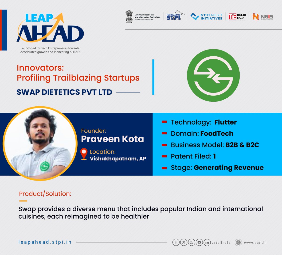 M/s @Swapnow_, one of the 75+ selected #startups for LEAP AHEAD Cohort, is challenging the unhealthy fast-food market by offering a solution through cloud kitchens that provide a range of healthy, flavorful and affordable meals.