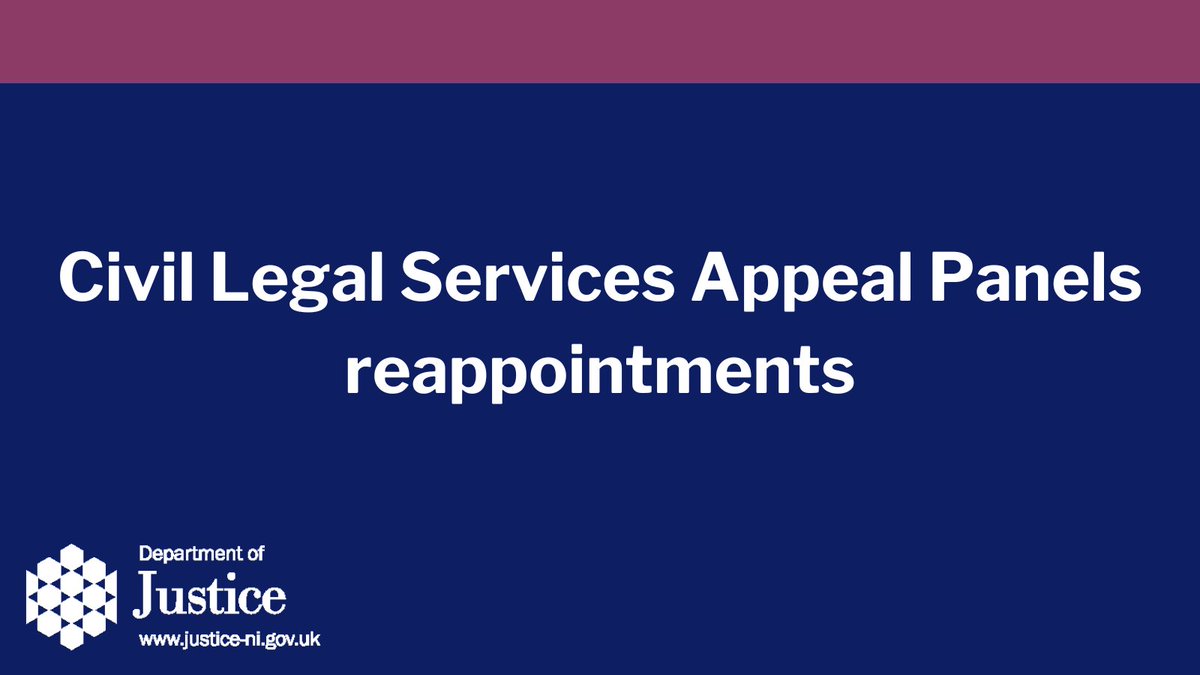 Naomi Long @Justice_NI Minister today announced the reappointment of members of the Civil Legal Services Appeal Panels Read more at  justice-ni.gov.uk/news/civil-leg…