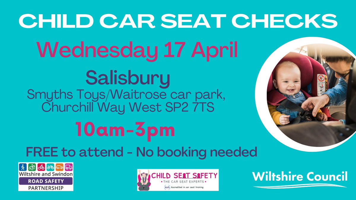 If you live in the #Salisbury area with young children, come to our FREE car seat safety event 2 weeks today. Pop along any time between 10 and 3 for a seat safety check and loads of great advice on choosing and using the right seat for your child and vehicle