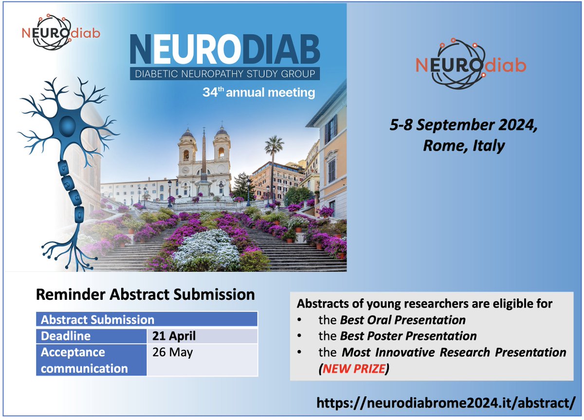 18 days left to the deadline for ABSTRACT SUBMISSION for the 34th NEUROdiab Annual Meeting, 5-8 September 2024, Rome, Italy The most important event of the year in #diabeticneuropathy SUBMIT YOUR ABSTRACT and apply for prizes neurodiabrome2024.it/abstract/