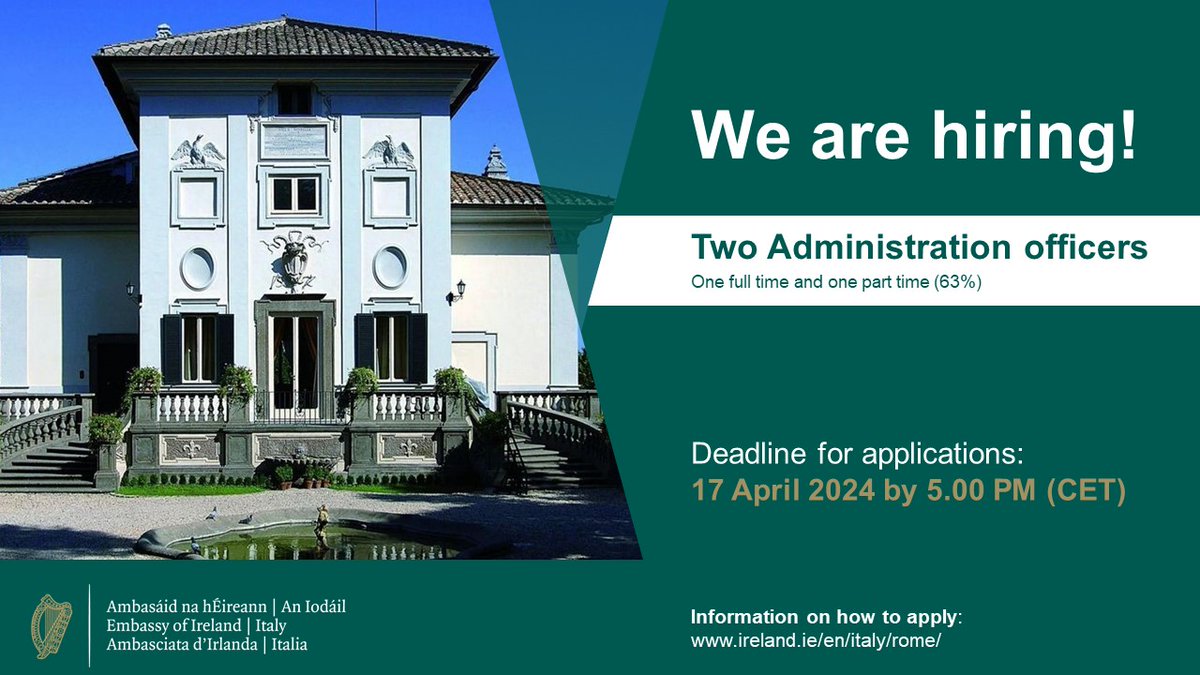 We're #hiring! 💼 We are looking for two Administration Officers to join our team in #Rome 🇮🇪 🇮🇹 Click through below for information on how to apply ⬇️ ireland.ie/en/italy/rome/… Deadline for applications: 17 April #jobfairy @eujobsireland #lavorodeisogni