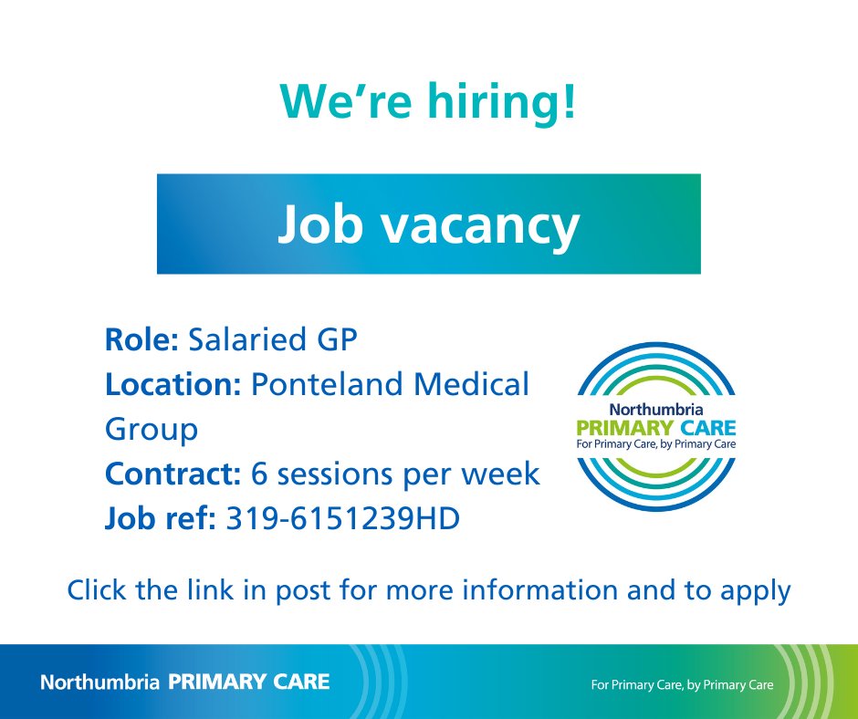 We're recruiting a salaried GP for our Ponteland Medical Group practice. For more information and to apply, click the link below 👇 northumbria.nhs.uk/join-us/vacanc… This vacancy closes on 09/04/24 at 23:59.