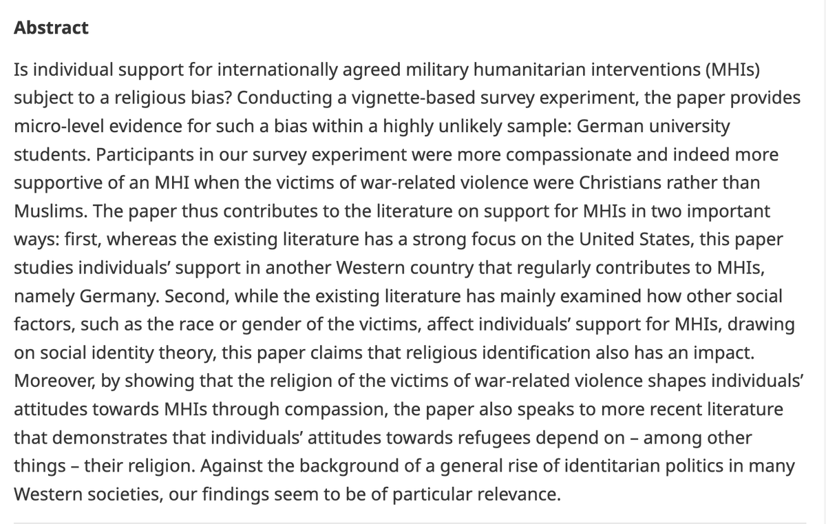 EJIntSec's tweet image. 🚨 NEW AND OPEN ACCESS 🚨  Is there a religious bias? Attitudes towards military humanitarian intervention in Germany - cup.org/4czjoNX - Benjamin Daßler, Bernhard Zangl (@GSI_Muenchen) &amp;amp;
@HvanMeegdenburg:

#FirstView #EJIS @MYBISA