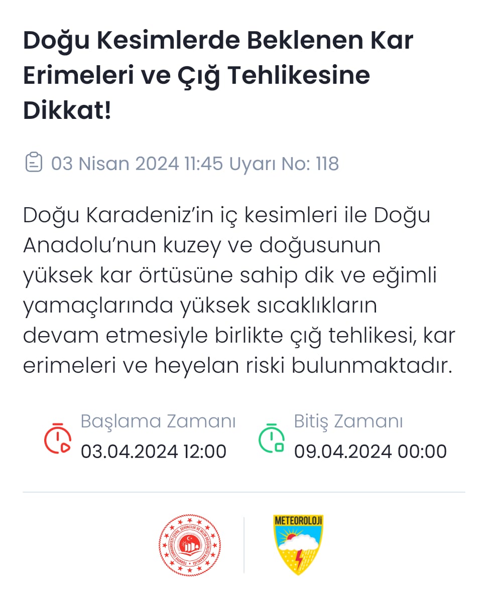 🔊Meteorolojik Değerlendirme Doğu Kesimlerde Beklenen Kar Erimeleri ve Çığ Tehlikesine Dikkat!