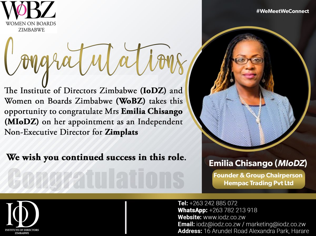 Warmest congratulations to Mrs Emilia Chisango on being appointed as an Independent Non-Executive Director for Zimplats ! Your dedication, leadership, and vision will undoubtedly contribute to the company's growth and success. We look forward to witnessing your continued success!