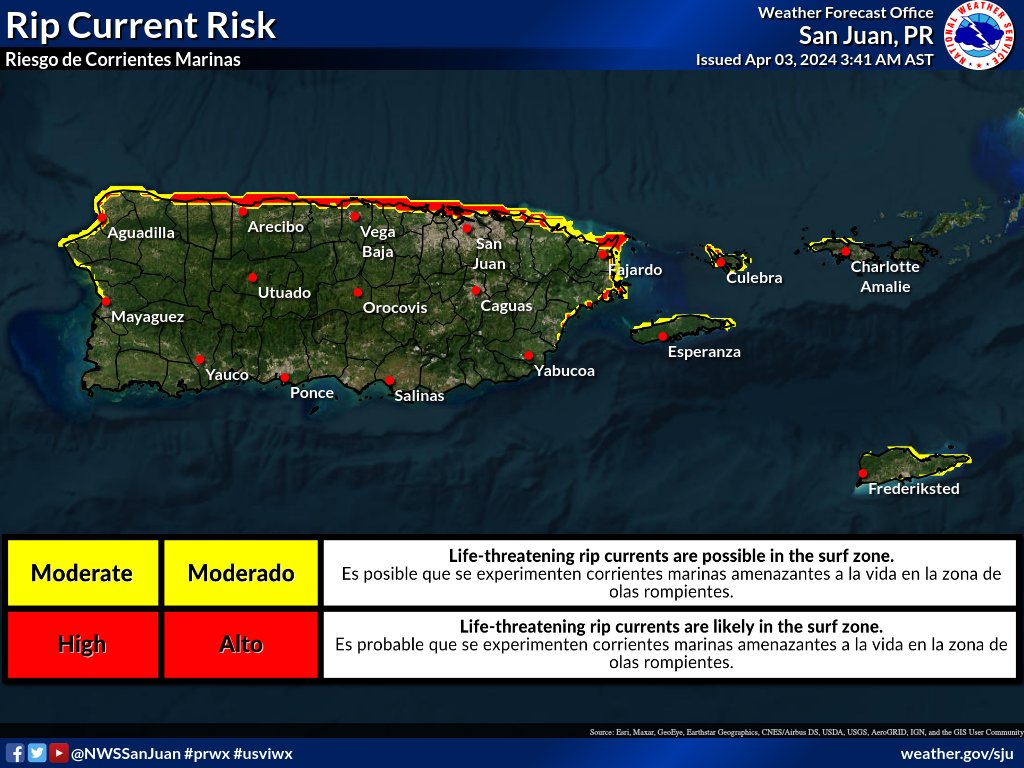 Apr 3rd: A high rip current risk for northern PR and Culebra. Some showers possible this afternoon in NW PR. Riesgo alto de corrientes marinas para el norte de PR y Culebra. Algunos aguaceros posibles en el noroeste de PR esta tarde. #prwx #usviwx
