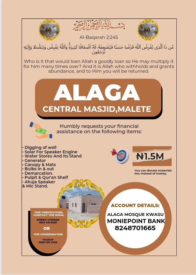 DcShaz2's tweet photo. Maximize your rewards in the last ten days of RAMADAN. Help us reach millions of Muslims  to help and support our  *masjid*.

ALAGA MASJID is a central Mosque in MALETE,Kwara state. The Masjid serves a lot of purposes for the Muslim students, it's a ready built mosque.. https://t.co/RJnYJECGq8