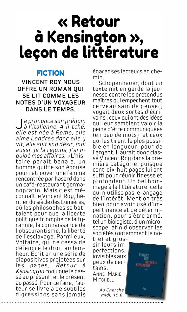 Voici l’article de LA MARSEILLAISE du samedi 30 mars consacré à mon dernier roman intitulé « Retour à Kensington » ⁦<a href="/lecherchemidi/">Le cherche midi</a>⁩